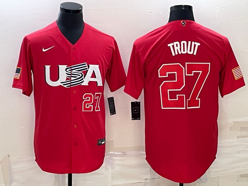 Men 2023 World Cub USA #27 Trout Red Nike MLB Jersey1
